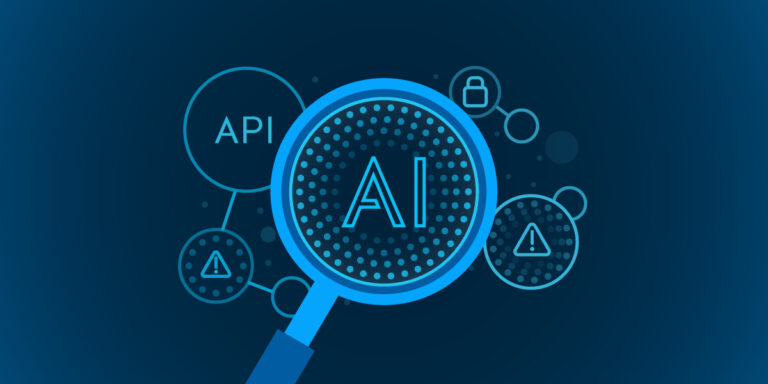 Illustration of AI APIs: the letters AI inside a magnifying glass surrounded by API icons