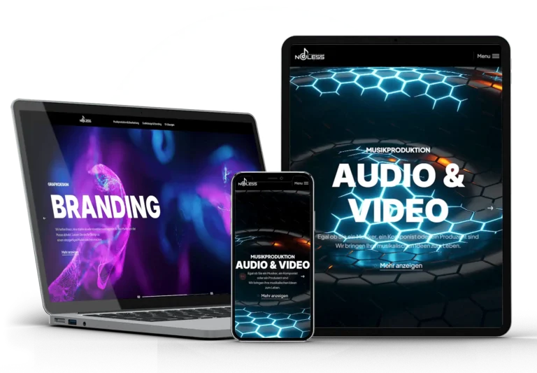 Ndless Prod website shown on a laptop, tablet and phone