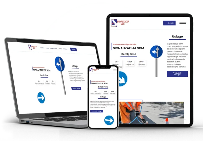 Signalizacija SDM website shown on a laptop, tablet and phone