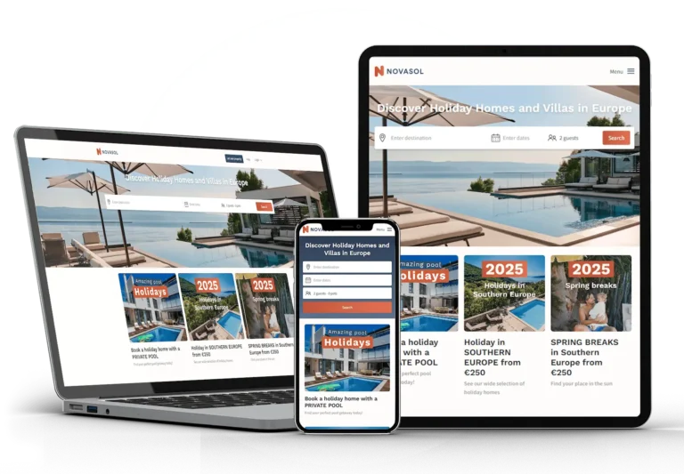 Web design services example: Novasol website on a laptop, tablet and phone