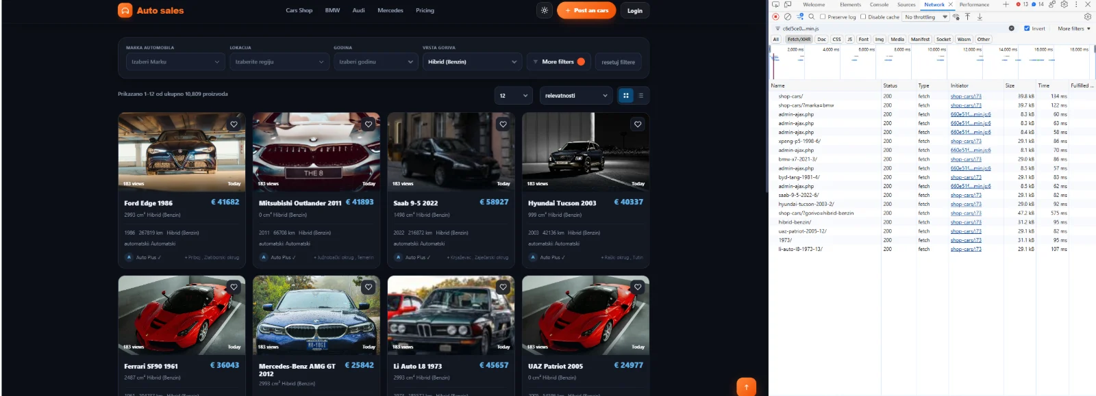 Auto Sales catalog during live filtering with the network panel listing admin-ajax.php responses