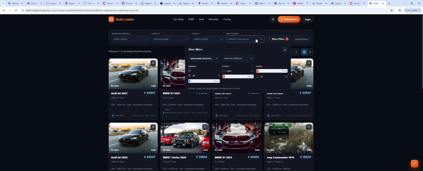 Auto Sales catalog with the More filters panel open and additional facets visible