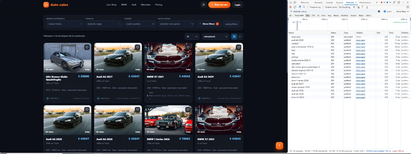 Auto Sales shop listing page next to the browser network panel showing load timings