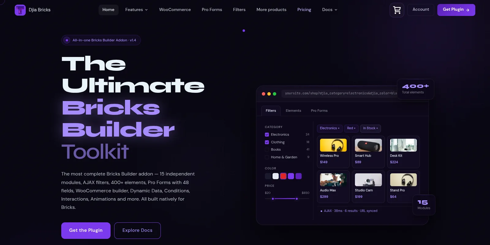 Djia Bricks plugin website homepage – web design and development by Techoli