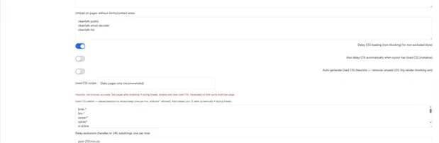 DJIA Cache CSS settings with delayed CSS loading and a Used CSS safelist