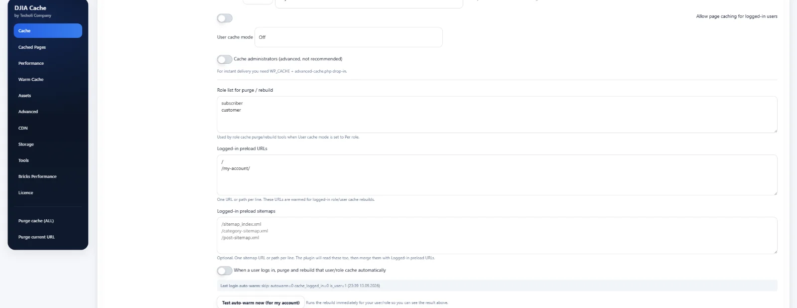 DJIA Cache logged-in cache settings per user role with preload URLs and sitemaps