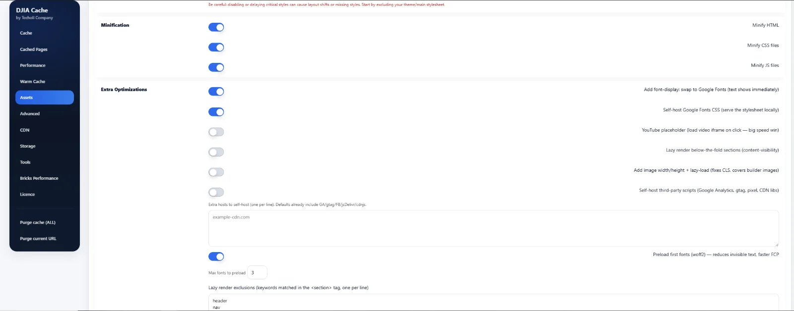 DJIA Cache minification and extra optimization settings: font-display swap, self-hosted fonts and font preload