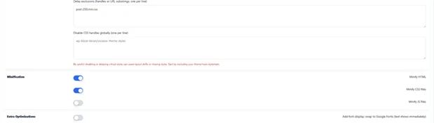 DJIA Cache minification settings with HTML and CSS minification on and JavaScript minification off