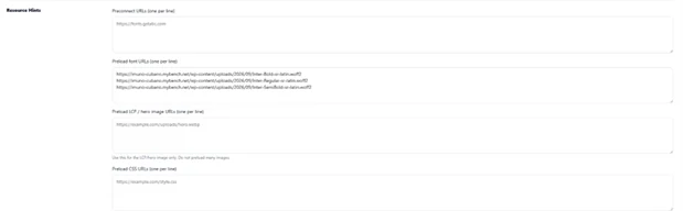 DJIA Cache resource hints settings with a preconnect origin and preloaded Inter font files