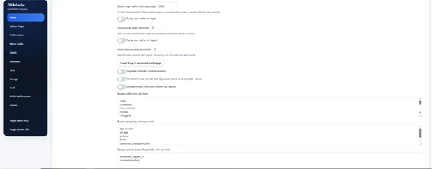 DJIA Cache settings screen with login and logout purge delays and cache bypass rules