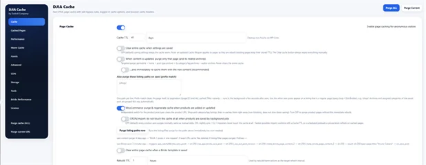 DJIA Cache settings screen with page cache enabled and WooCommerce purge and regenerate options