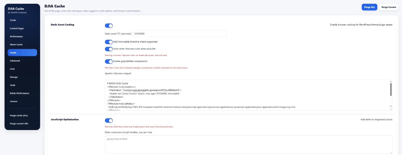 DJIA Cache settings screen with static asset caching and JavaScript defer