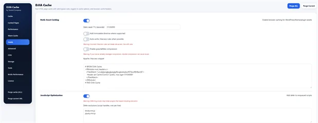 DJIA Cache settings screen with static asset caching and JavaScript defer exclusions