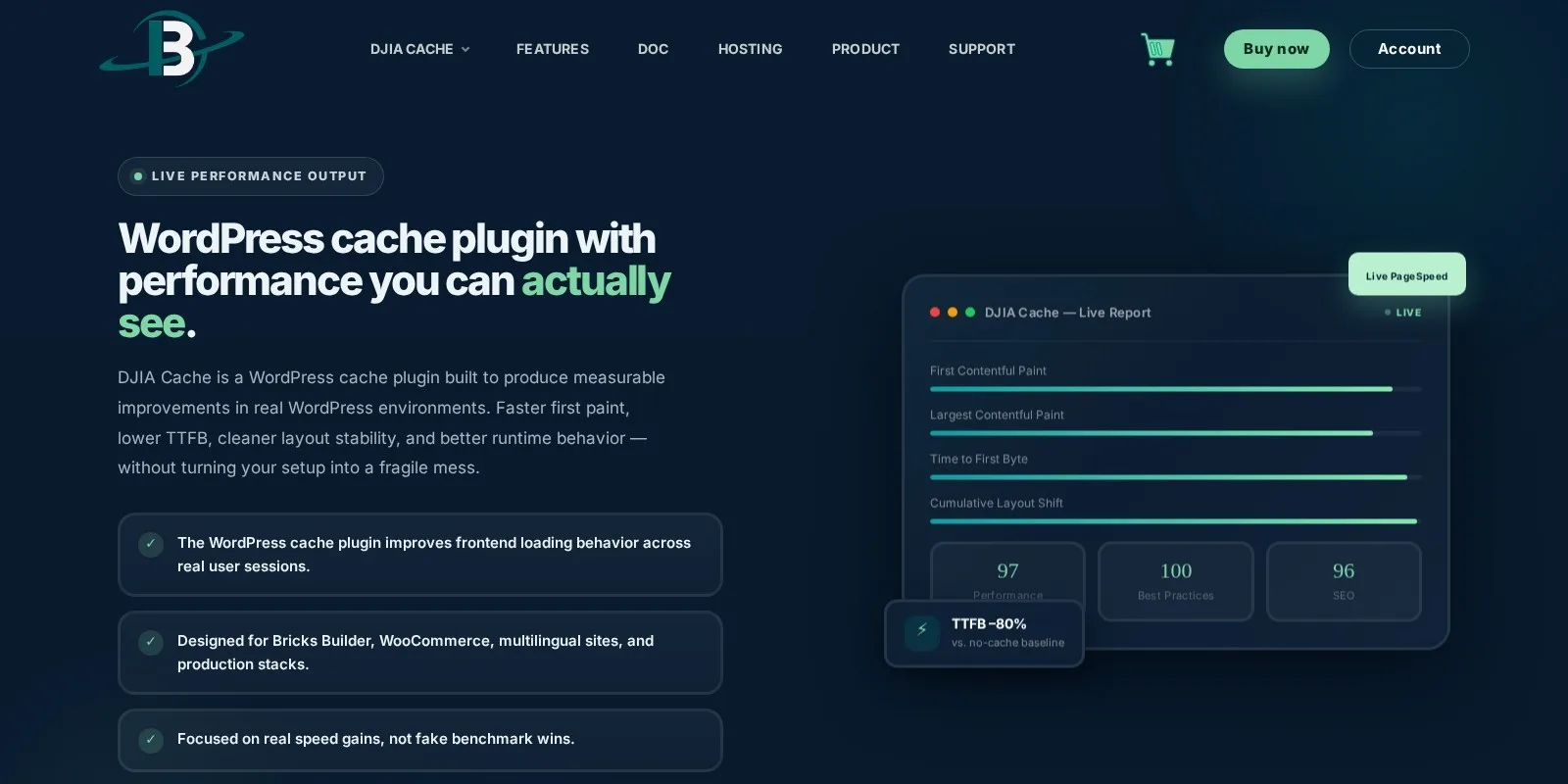 DJIA Cache WordPress cache plugin website homepage – web design and development by Techoli