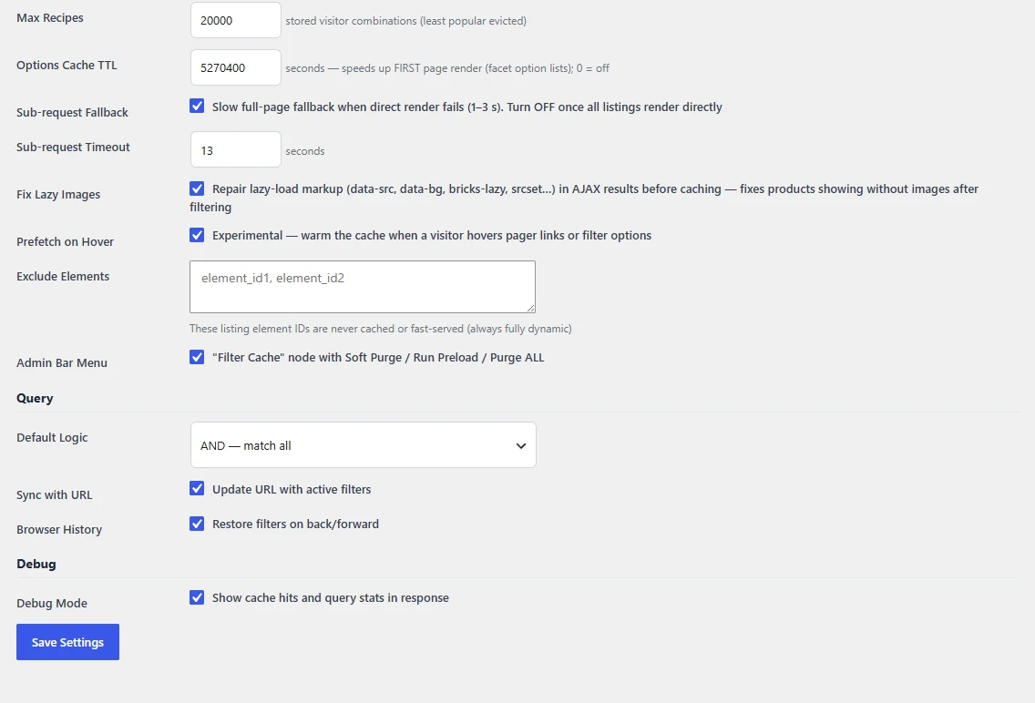 Djia-filter performance settings for bot pre-warming, lazy-image repair, prefetch on hover and URL history sync