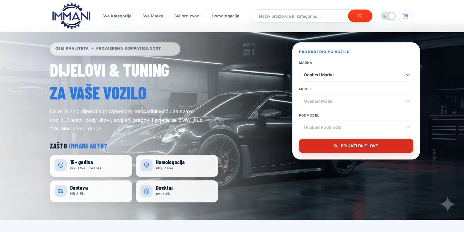 Immani Auto car parts online store homepage – WooCommerce web design and development by Techoli