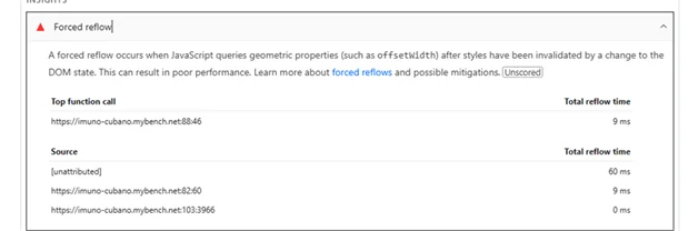 Lighthouse forced reflow insight listing reflow times between 0 and 60 ms