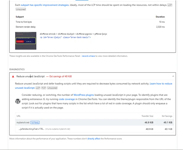 Lighthouse LCP breakdown showing a 2,320 ms element render delay, above a Reduce unused JavaScript audit
