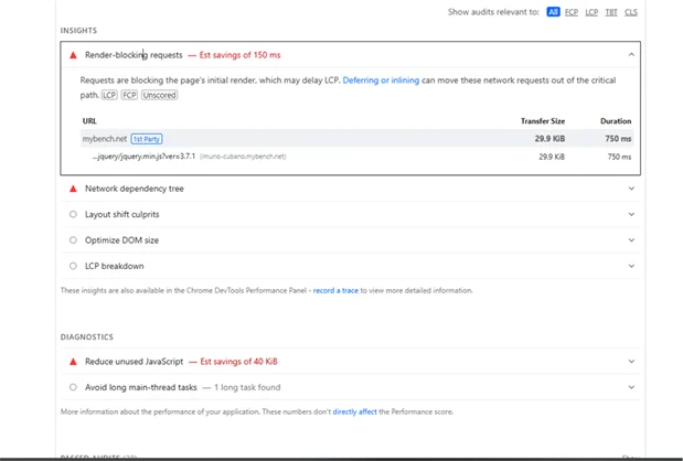 Lighthouse render-blocking requests audit with only jquery.min.js remaining and estimated savings of 150 ms