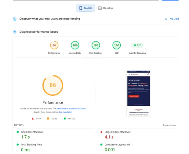 PageSpeed Insights mobile report: Performance 86, FCP 1.7 s, LCP 4.1 s, TBT 0 ms and CLS 0.001