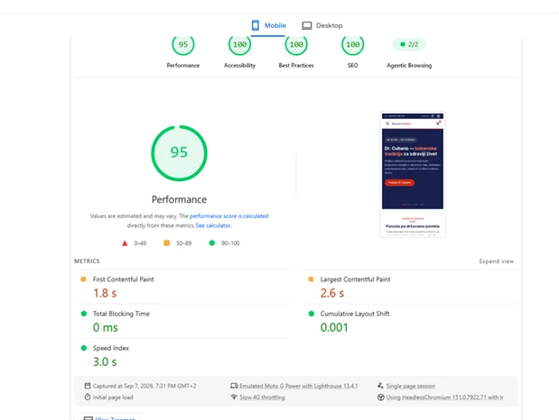 PageSpeed Insights mobile report: Performance 95, FCP 1.8 s, LCP 2.6 s, TBT 0 ms and CLS 0.001