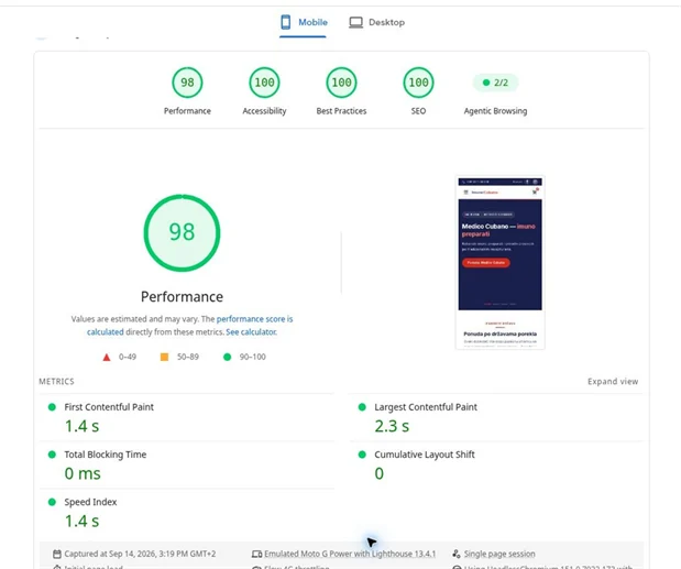 PageSpeed Insights mobile report: Performance 98, FCP 1.4 s, LCP 2.3 s, TBT 0 ms, CLS 0 and Speed Index 1.4 s