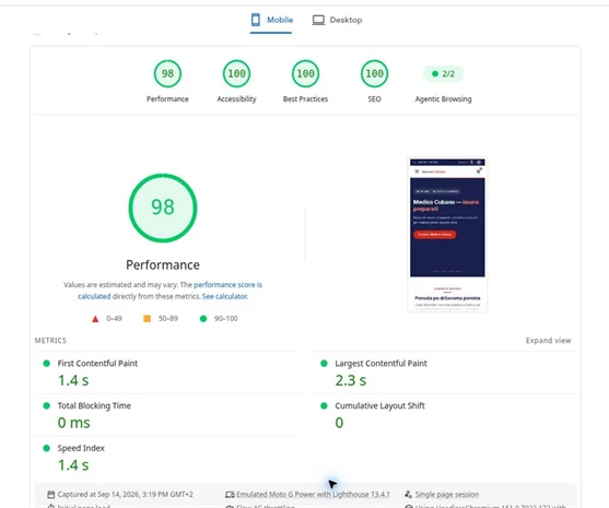 PageSpeed Insights mobile result after optimization: Performance 98, Accessibility 100, Best Practices 100 and SEO 100