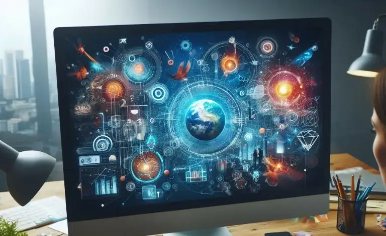 Monitor on a desk showing a technology graphic, illustrating site maintenance