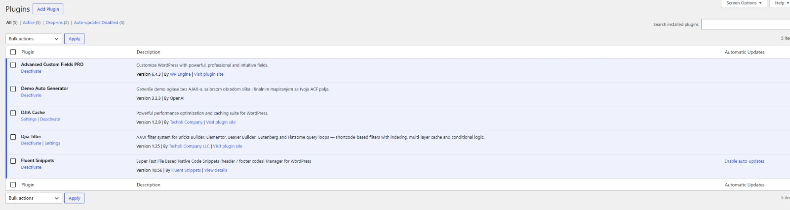 WordPress Plugins screen listing DJIA Cache, Djia-filter, ACF PRO and Demo Auto Generator