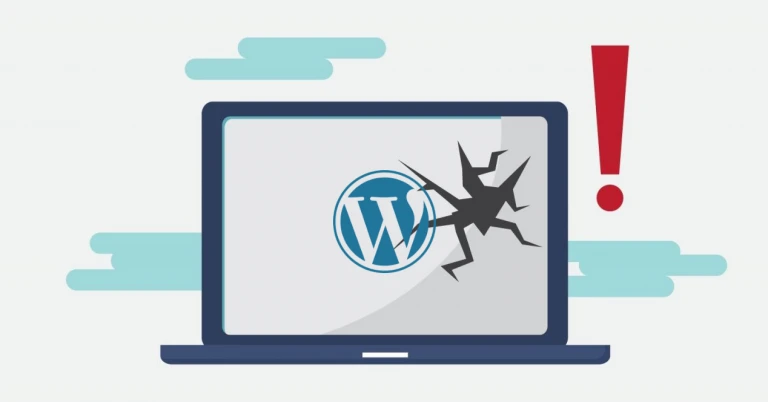 Illustration of a crashed WordPress site: a laptop with a cracked screen, the WordPress logo and a red exclamation mark