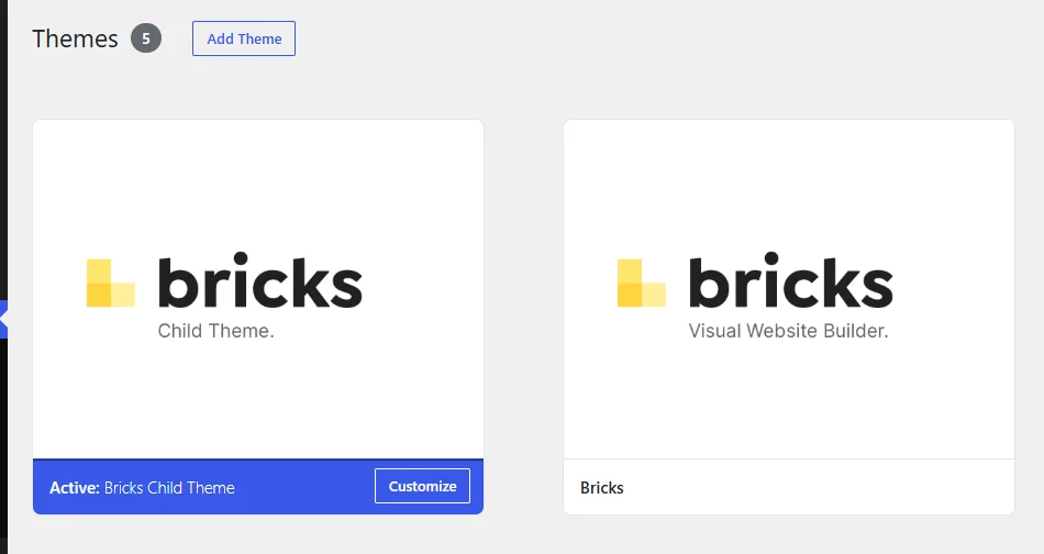 WordPress Themes screen with Bricks Child Theme active next to the Bricks parent theme
